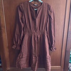 Smocked Waist Rust Brown Mini Dress with Long Sleeves
